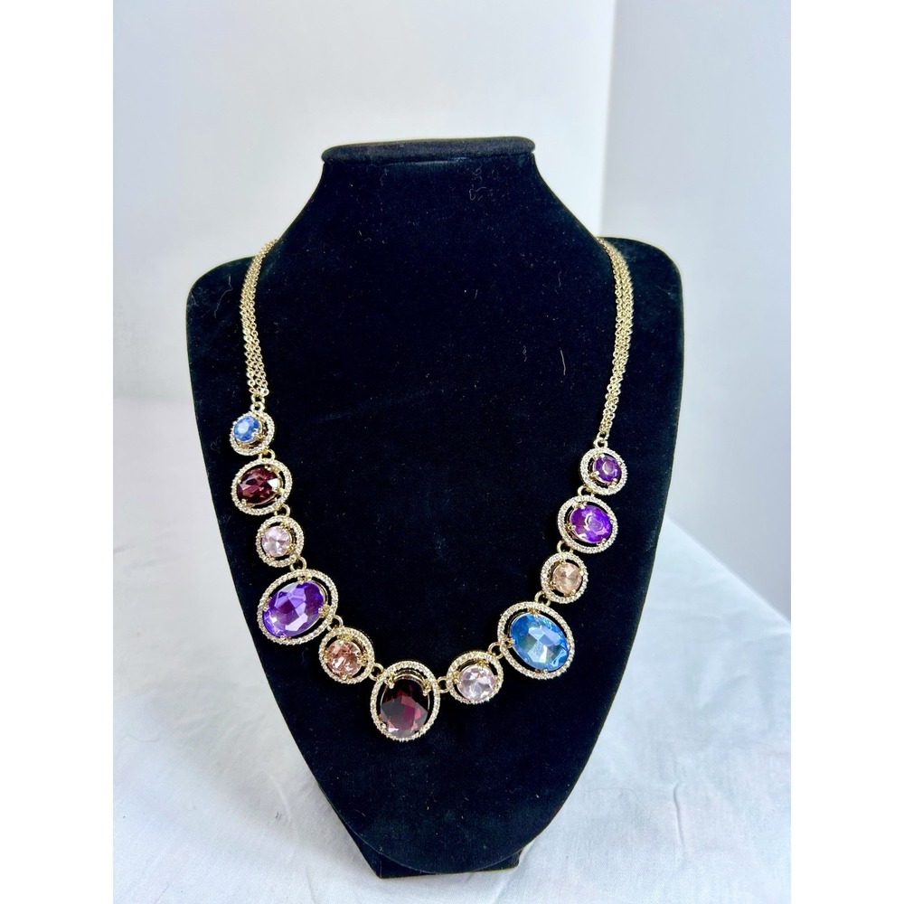 statement necklace chunky Gold Tone Multi Colored  Rhinestones